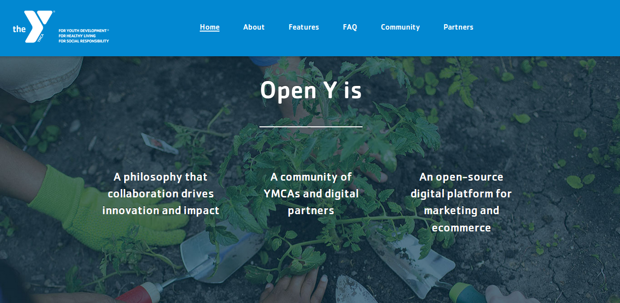 homepage of open y with people planting saplings in the back